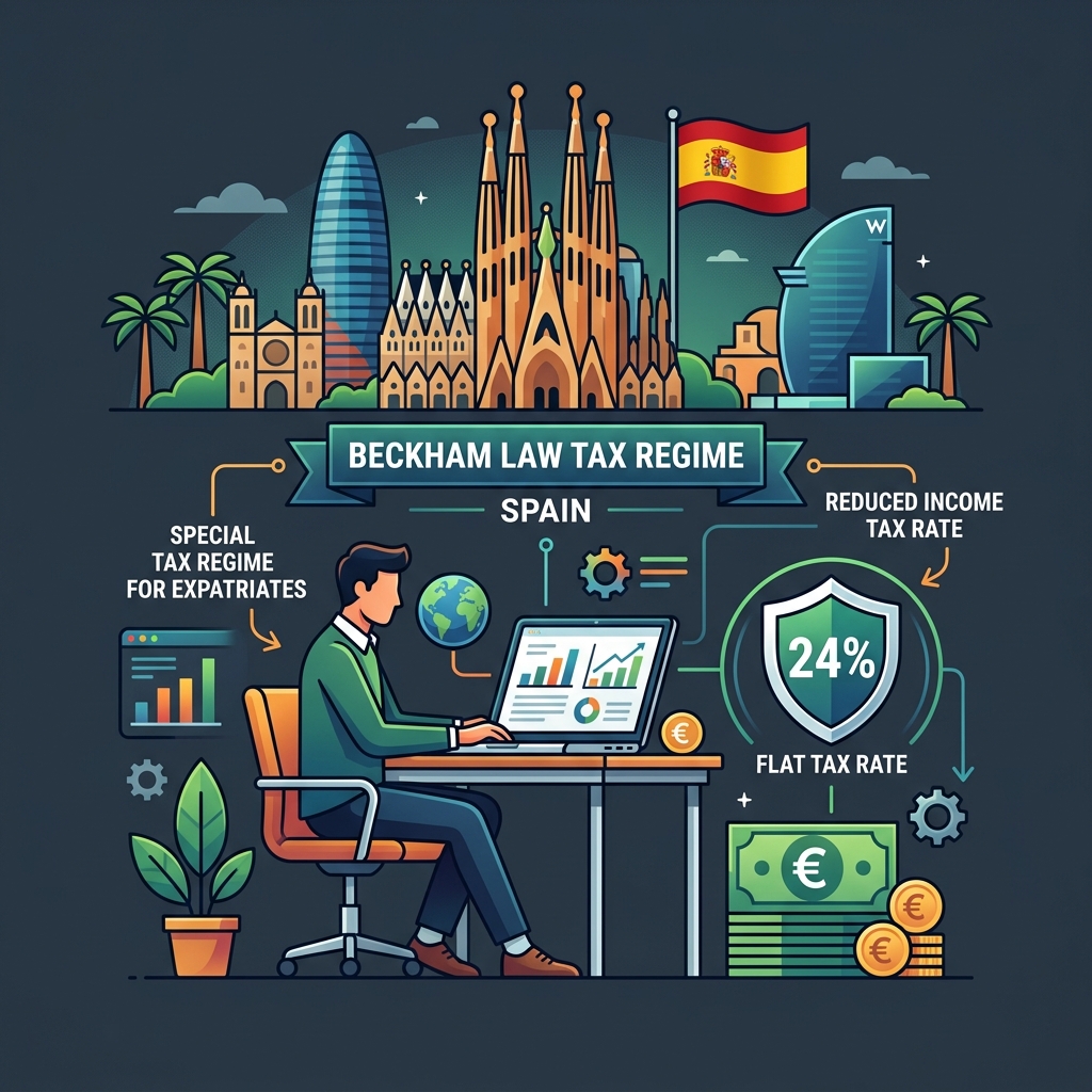 Sleek vector illustration representing the Beckham Law tax regime in Spain with Barcelona skyline and Euro symbols