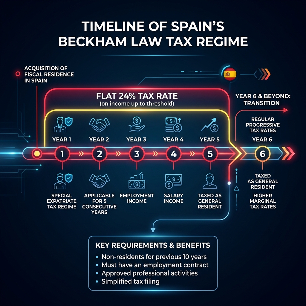 Timeline chart of the 6-year Beckham Law tax scheme in Spain