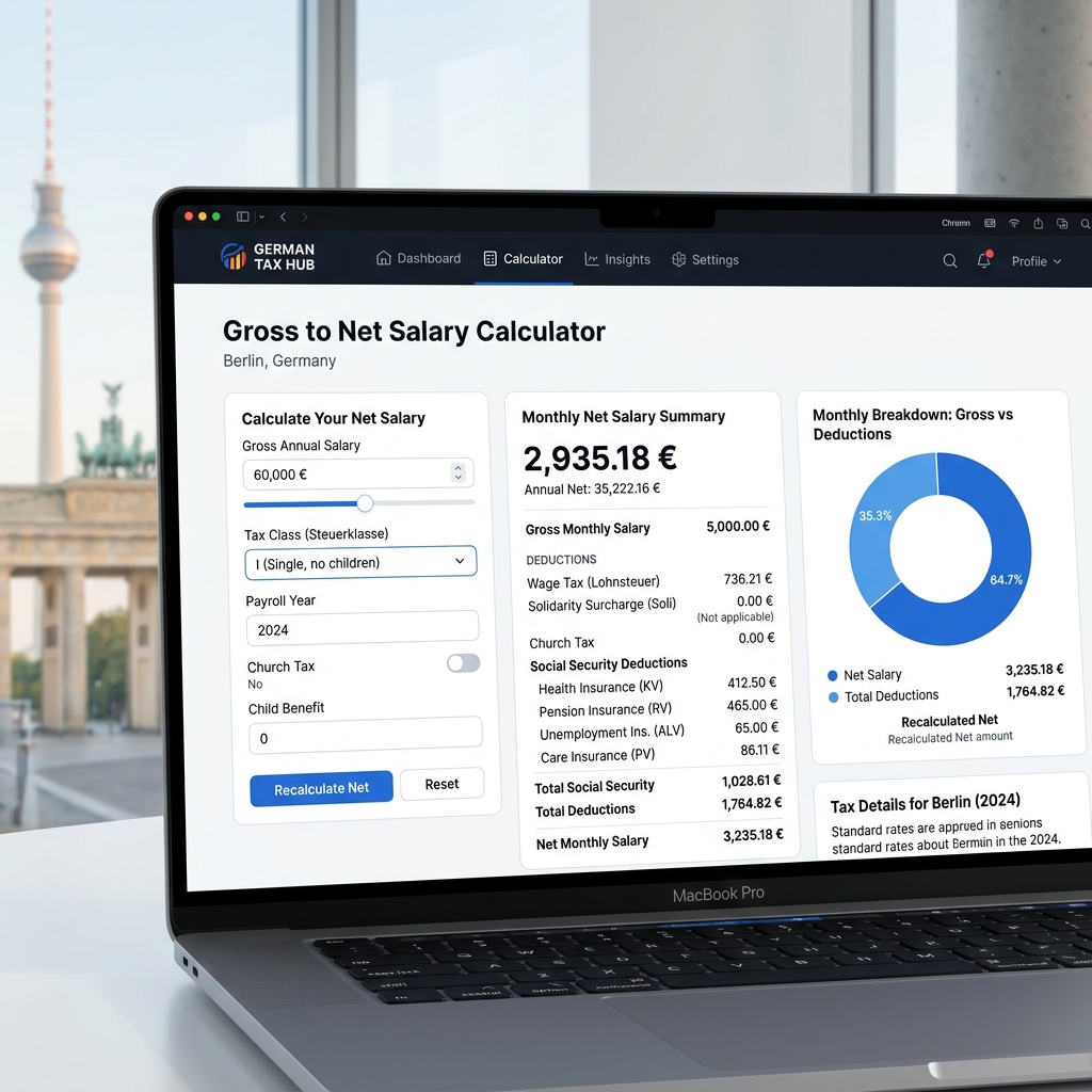Screenshot mockup of the Paylio Berlin income tax calculator UI showing take-home pay and deductions