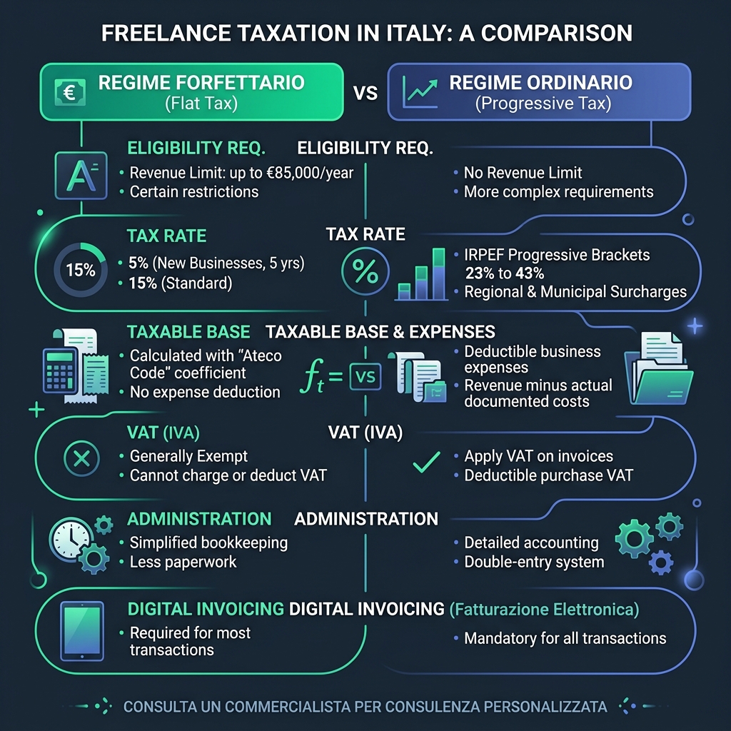 Minimalist infographic comparing Regime Forfettario flat tax versus Regime Ordinario progressive brackets in Italy