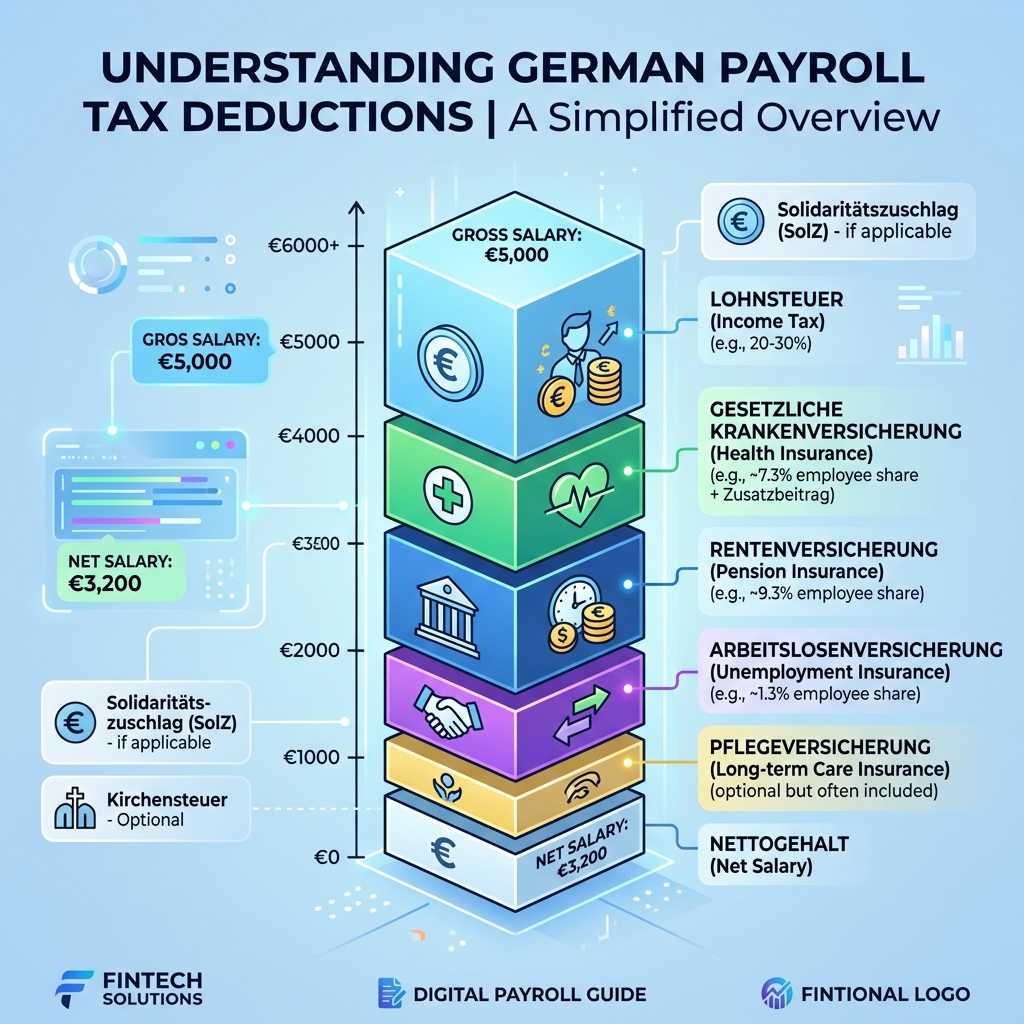 Infographic representing the 5 key payroll deductions on a German payslip as a stacked bar chart