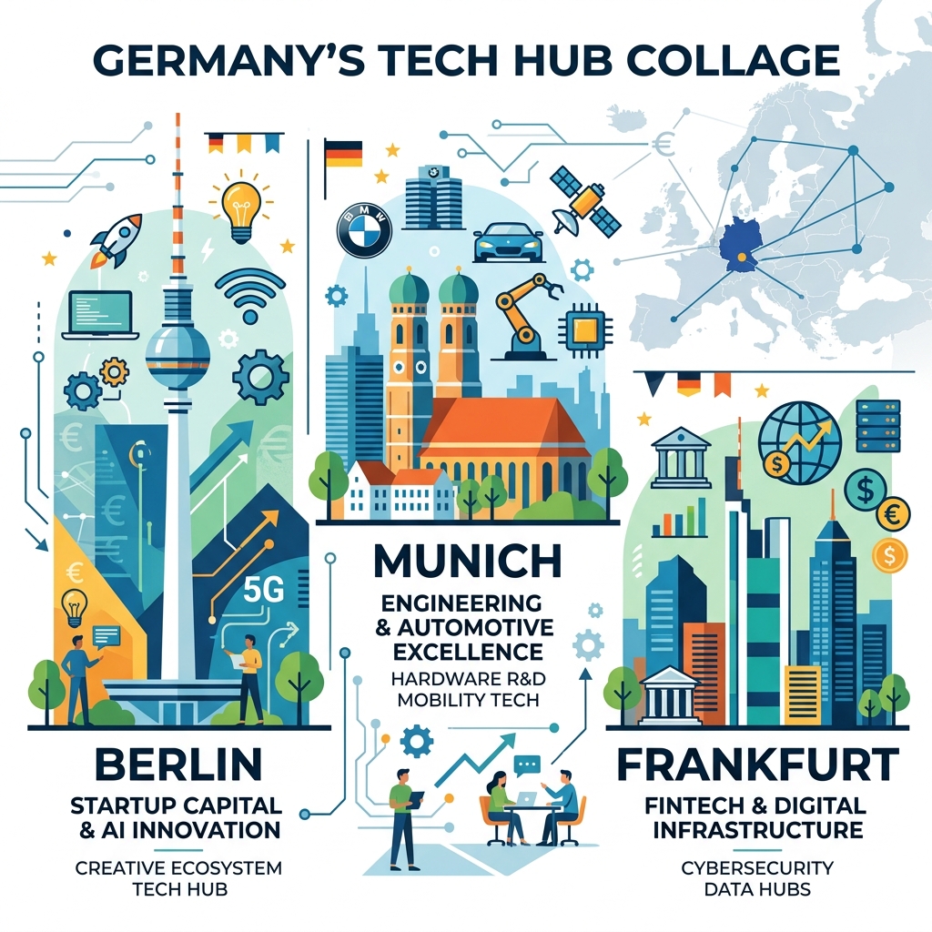 Sleek vector illustration collage depicting Berlin TV tower, Munich cathedral dome, and Frankfurt skyscrapers