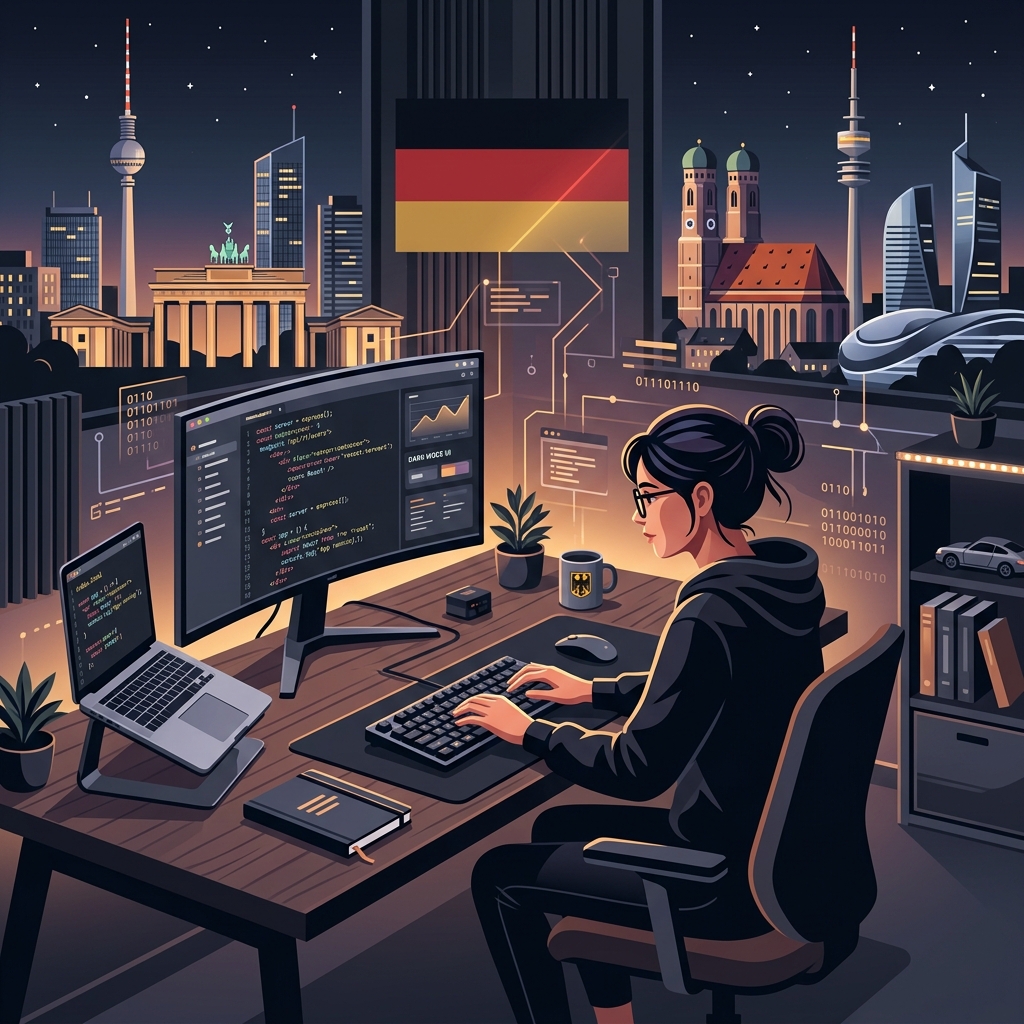 Sleek vector illustration of a software developer working at a desk in Germany with Berlin and Munich skylines in the background